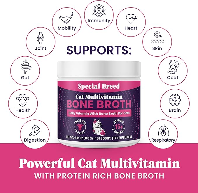 Cat Multivitamin with Grass-Fed Beef Bone Broth – Daily Supplement for Immune, Joint, Skin, Coat & Gut Health – Omega 3s, Lysine, Beta Glucan, Vitamins A-E, C, D – 180 Day Supply – No Fillers