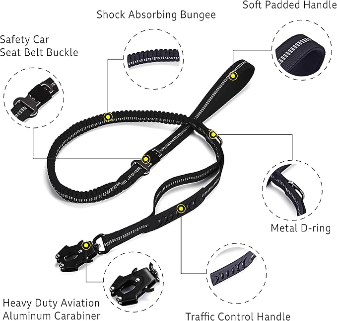 4-6FT Heavy Duty Dog Leashes for Large Dogs, Shock Absorbing Bungee Tactical Leash with 2 Padded Handle, Car Seatbelt and Metal Carabiner Clip, Strong No Pull Dog Leash for Medium