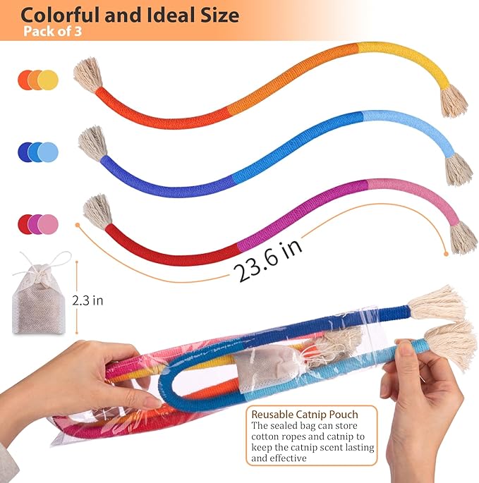 Retro Shaw Cat Toys Chew Ropes, Catnip Rope Toys for Indoor Cats Kitten, Safe Cat String Kitten Chew Teething Toy Kitty Nip Kicker - Pack of 3, 23.6 Inches