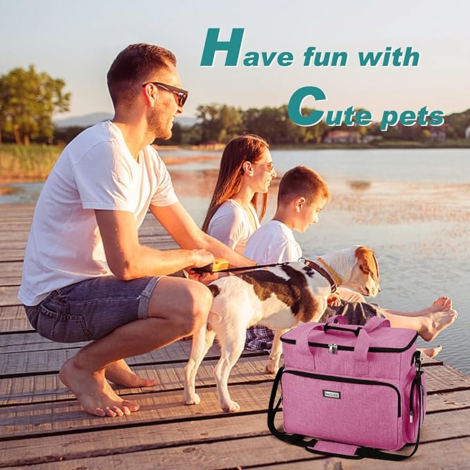 BAGLHER Dog Travel Bag, Pet Travel Bag (ALL Pet Travel Supplies), With 2 Pet Food Containers and 2 Collapsible Silicone Bowls; Essential Kits for Pet Travel Pink
