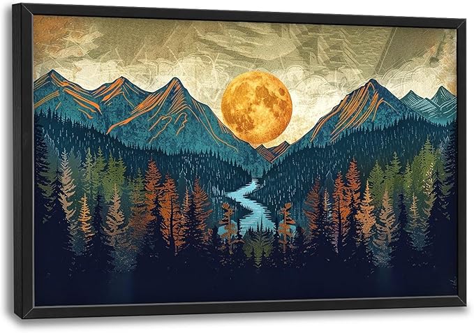 Quorin Boho Mountain Large Wall Art Mountain Landscape Pictures Moon Pine Tree Forest Lake Wall Decor Nature Canvas Print Painting Artwork for Bathroom Living Room Bedroom 36L x 24W