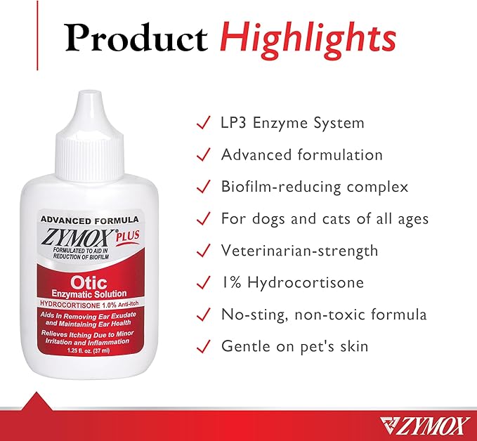 Zymox Advanced Formula Otic Plus Enzymatic Ear Solution for Dogs and Cats with 1% Hydrocortisone, 1.25oz