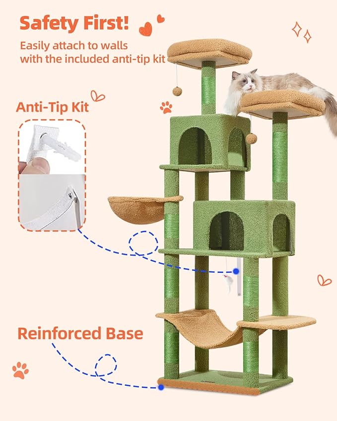 Taoqimiao Cat Tree, 66.2-Inch Cat Tower for Indoor Cats, Plush Multi-Level Cat Condo with 7 Scratching Posts, 2 Perches, 2 Caves, Hammock, 2 Pompoms, MS013T Cactus