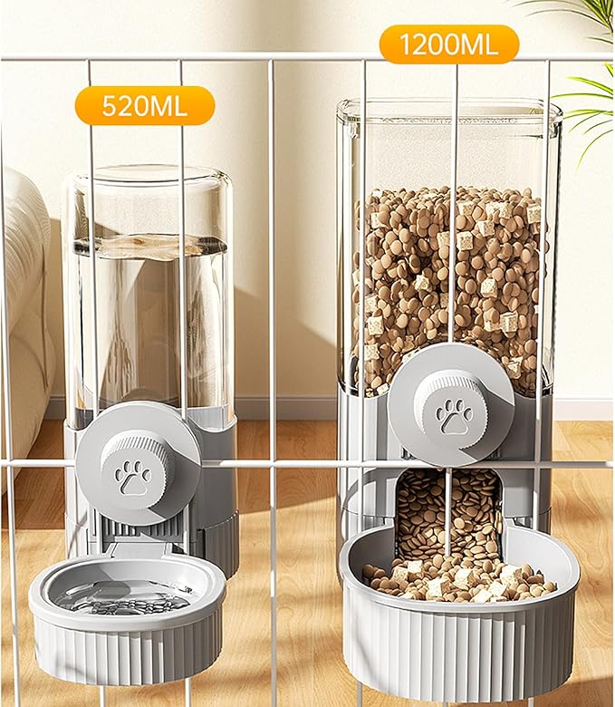 GKYZBB Hanging Automatic Food Water Dispenser,Rabbit Feeder Guinea Pig Water Bottle Food Feeder for Ferret Guinea Pig Rabbit Bunny Cage Accessories (Grey, 520ml+1200ml)