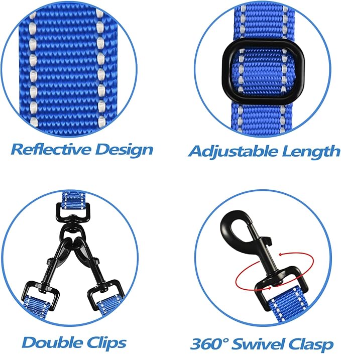PetBonus Double Dog Leash, No Tangle Dual Leash, Reflective Walking Training Lead, 4 Comfortable Padded Handles for 2 Dogs with Collapsible Bowl and Waste Bags (Blue, Large)