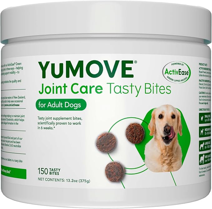 Yumove Dog Joint Supplement, Hip and Joint Supplement for Dogs with Glucosamine Chondroitin, Hyaluronic Acid, Green Lipped Mussel and Omega 3, Dog Hip and Joint Aches and Stiffness (150 Tasty Bites)