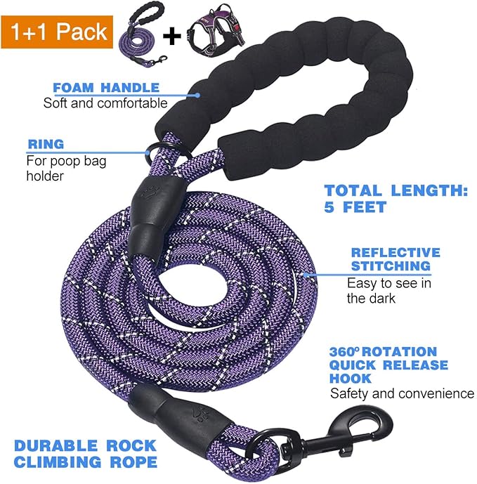 No Pull Dog Harness Adjustable Reflective Oxford Easy Control Medium Large Dog Harness with A Free Heavy Duty 5ft Dog Leash (M (Neck: 14.5"-20.5", Chest: 22"-28"), Purple Harness+Leash)