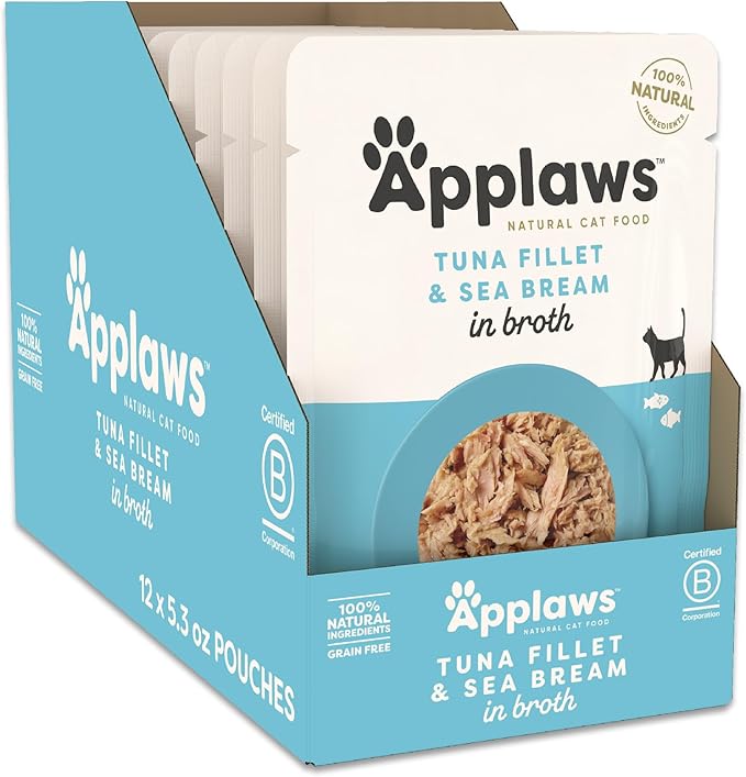 Applaws Natural Wet Cat Food in Broth, Limited Ingredient Wet Cat Food Pouches, No Additives, Made with Natural Ingredients, Tuna Fillet with Seabream in Broth (12 x 5.3oz Pouches)