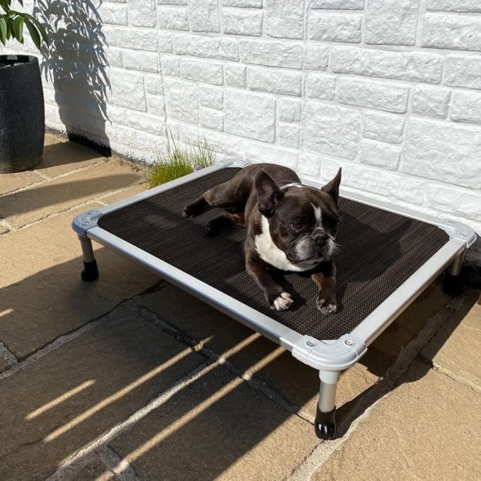 Veehoo Chew Proof Elevated Dog Bed - Cooling Raised Pet Cot - Silver Aluminum Frame and Durable Textilene Mesh Fabric, Unique Designed No-Slip Feet for Indoor or Outdoor Use, Brown, Medium, CWC2003
