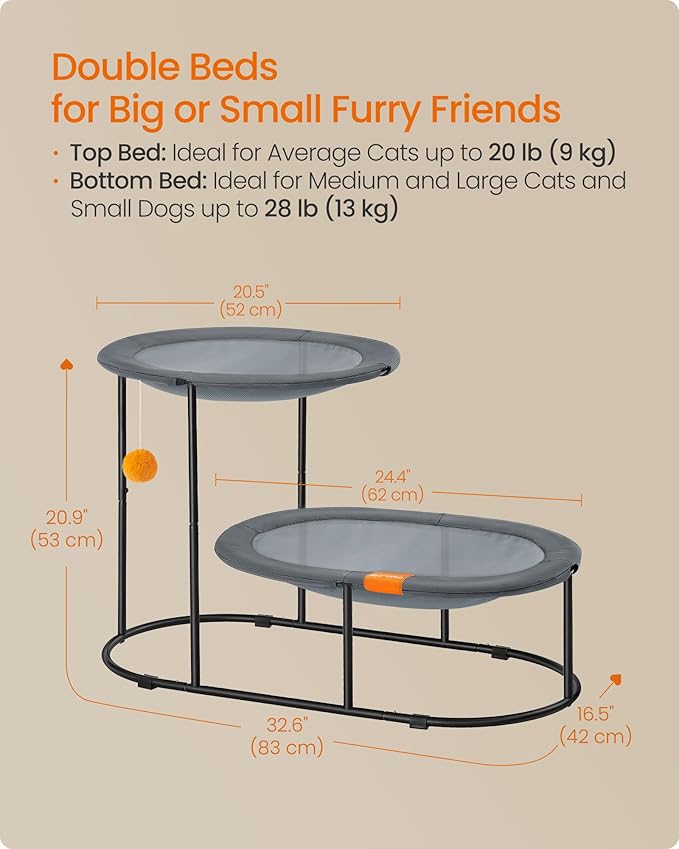 Feandrea 2-Tier Elevated Cat Hammock Bed, Breathable Furniture for Multi-Cat Households Indoor and Outdoor, with Removable Washable Mesh, Steel Frame, for Summer, Dove Gray UPCB012G01
