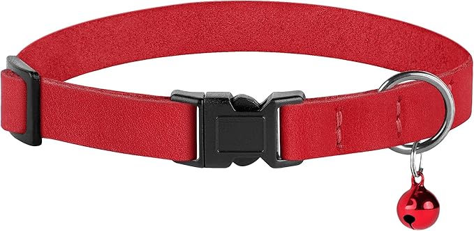 Breakaway Cat Collar Leather with Removable Bell - 13 Colors Available - Soft Adjustable Girl Boy Safety Lightweight Pet Kitten Collars Pink Brown Blue Green Red Orange Black (Red)