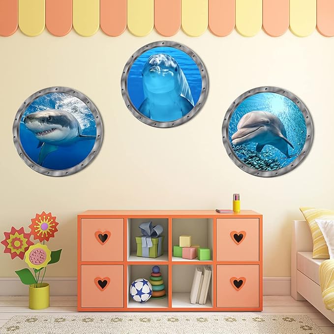 Ocean Animals World Under Sea Decor Includ Dolphins Sharks 3 Pcs Removable 3D Peel and Stick Vinyl Stickers for Bathroom,Wall Decor,Wall Stickers,Bedroom,Furniture