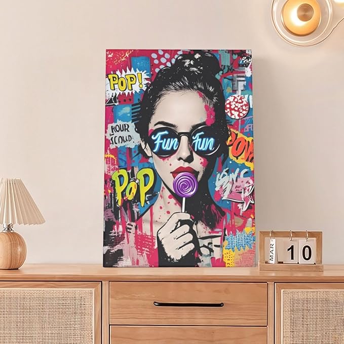 Fashion Women Wall Art Glam Modern Artwork for Girls Banksy Street Graffiti Pop Art Canvas Pictures Painting Print Framed Decorations Gifts for Bedroom Living Room Office 16"x24"