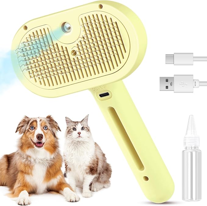 3 in 1 Cat Steam Brush, Pet Spray Hair Removal Comb for Shedding & Grooming, Water Brush for Cats Dogs Small Animals Long Short Haired with One-Click Release Button(Yellow)