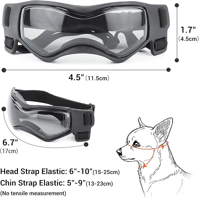 Dog Goggles Dog Sunglasses for Small Breed UV Protection Windproof with Adjustable Head Straps Chin Straps for Ride Car/Hiking Travel/On Beach-Black