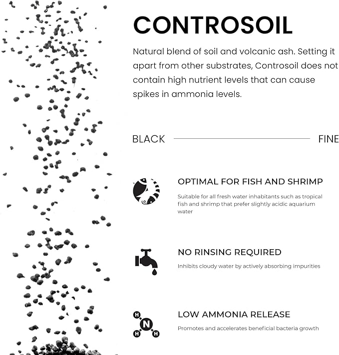 Ultum Nature Systems Controsoil - Freshwater Aqua Soil Substrate for Fish, Shrimp, Live Plant Propagation and Aquascaping - 6.8pH Low Ammonia, Volcanic Ash - Black, Fine (3 Liter | 6LB)