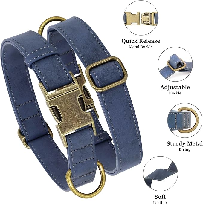 Didog Soft Leather Dog Collar, Durable Heavy Duty Dog Collars with Quick Release Metal Buckle, Adjustable Dog Collar Leather for Medium Small Dogs, Blue, M