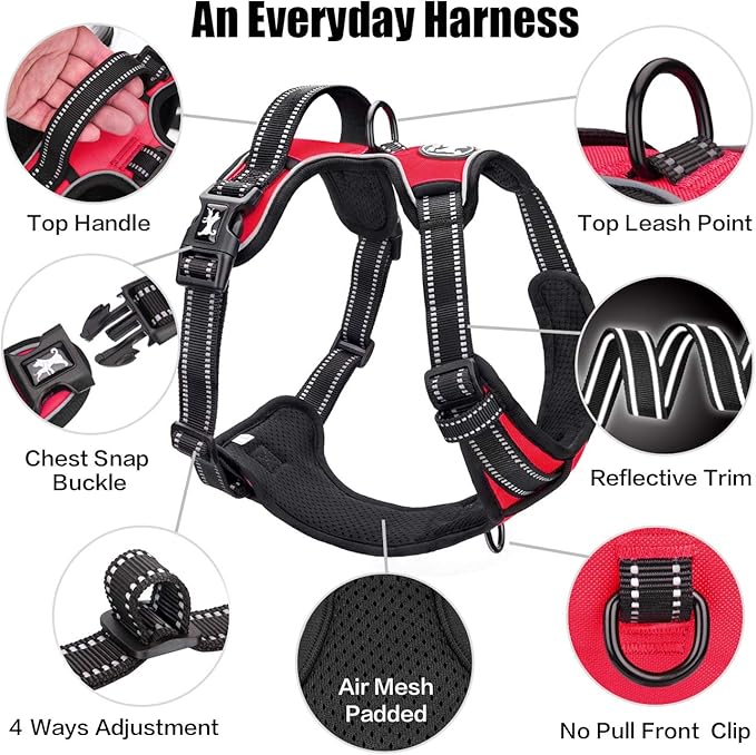 PoyPet No Pull Dog Harness, Reflective Comfortable Vest Harness with Front & Back 2 Leash Attachments and Easy Control Handle Adjustable Soft Padded Pet Vest for Small to Large Dogs (Red,L)