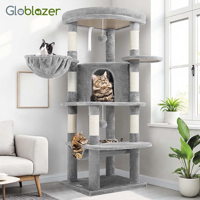 Globlazer Corner Cat Tree Tower for Indoor Cats, 51in Multi-Level Cat Condo Tower with Large Hammock, 7 Sisal Scratching Posts, Oversized Top Perch, Spacious Cat Cave, Hanging Basket, C51, Light Gray