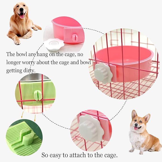 kathson Crate Dog Bowl, Removable Stainless Steel Hanging Pet Cage Bowl Food & Water Feeder Coop Cup for Cat, Puppy, Birds, Rats, Guinea Pigs 4pcs(2×Blue,1×Pink,1×Green)