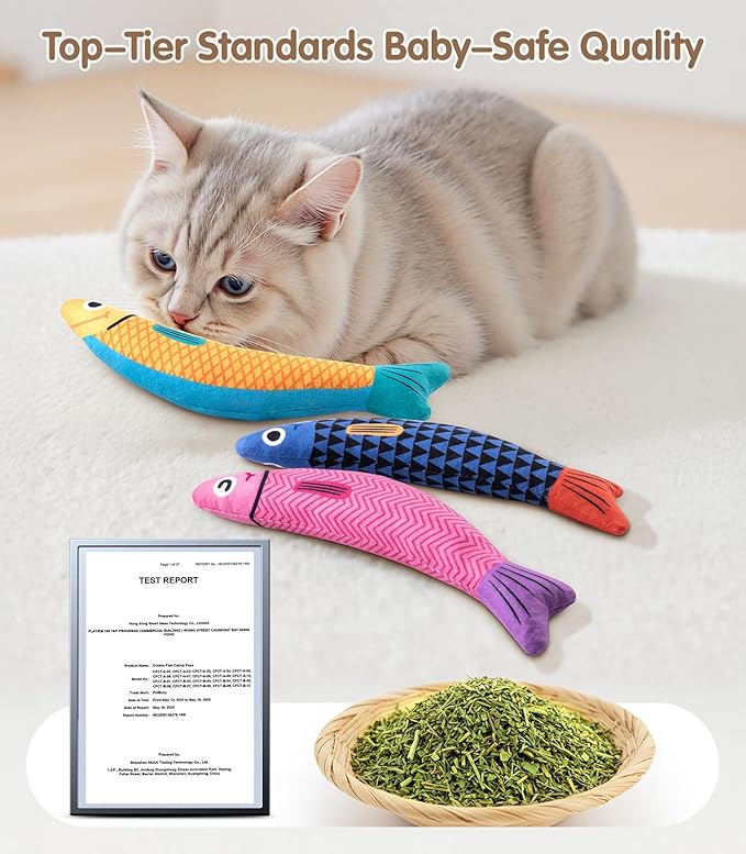 Interactive Cat Toys with[5000mg Premium A+Catnip][Baby Grade] Soft Chew Kicker Cat Toys for Indoor Cats & Kittens, Crinkle &Rattle Fish Sound Toy, Drives Bored Cats Crazy with Fun,3 Pack