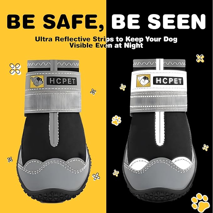 Hcpet Dog Shoes for Large Dogs, Waterproof Dog Booties for Small Medium Dogs, Anti-Slip Dog Boots & Paw Protectors for Hot Pavement Winter Snow Hiking with Reflective Straps Black Size 1