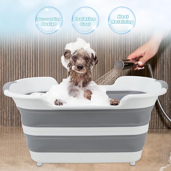 FHTONGE 7.13 Gal/27L Raised Collapsible Dog Bathtub with Drain Hair Catcher, Multifunctional Pet Washtub for Small to M Dog, Portable Puppy Tub Cat Shower Basin Laundry Basket Storage Organize Bucket