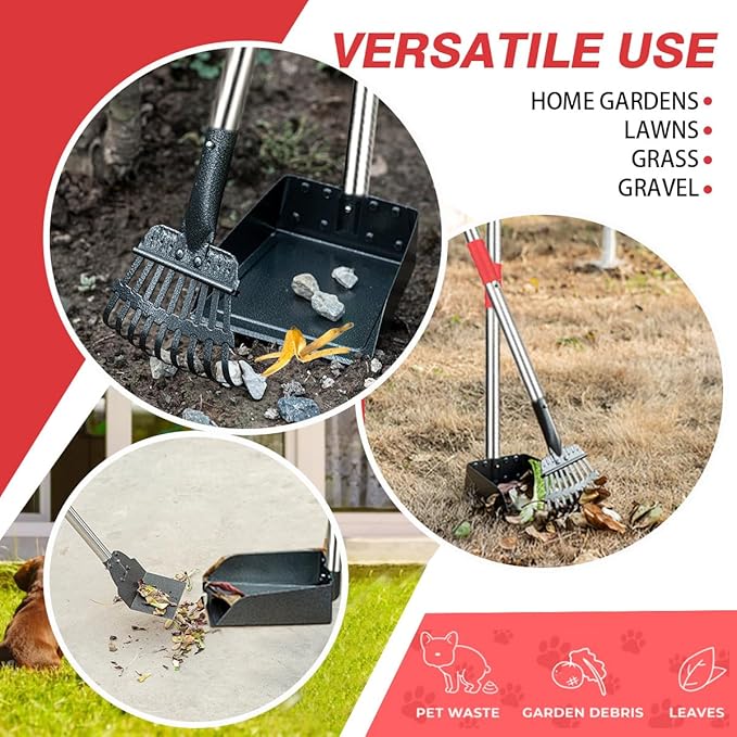 Pooper Scooper, Long Handle Dog Pooper Scooper, Heavy Duty Stainless Steel Rake with Tray & Spade Set for Pet Waste Removal, for Grass, Dirt or Gravel