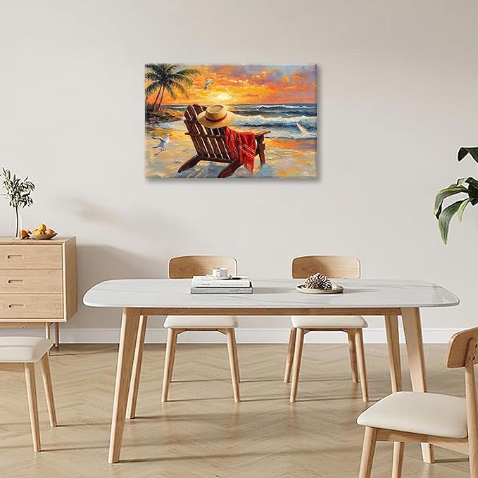 Beach Coastal Bathroom Pictures Wall Art, Seaside Ocean Bathroom Wall Decor, Sunrise Palm Framed Painting Canvas Artwork for Bedroom Living Room Decorations 24"L x 16"W