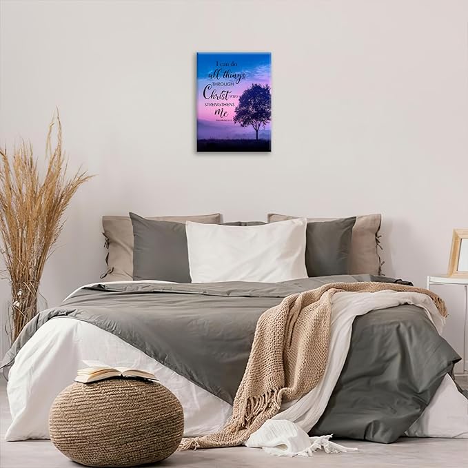 Christian Tree Wall Art I Can Do All Things Canvas Wall Decor Prints Framed Painting Purple Pictures Gifts Artwork for Bathroom Bedroom 12"x16"