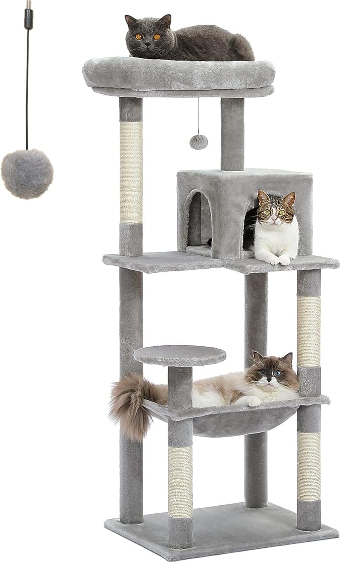 PETEPELA 56.3'' Tall Cat Tree for Indoor Cats, Multi-Level Cat Tower with Super Large Hammock (20''X16''), Sisal Covered Scratching Posts, Cozy Condo and Top Perch Grey