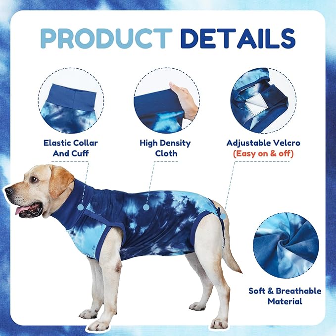Breathable Dog Recovery Suit for Male/Female, Tie Dye Blue Dog Onesie for Abdominal Wounds, Cone E-Collar Alternative After Surgery to Anti-Licking, Professional Surgery Suit for Dogs