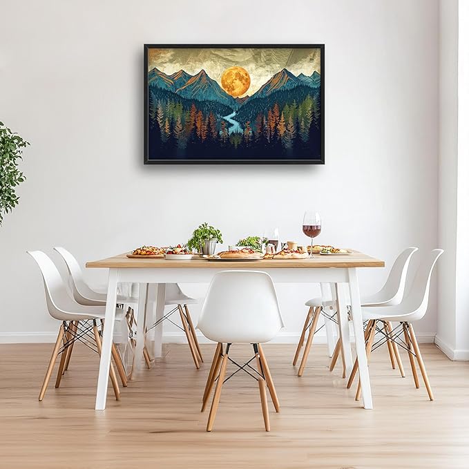 Quorin Boho Mountain Large Wall Art Mountain Landscape Pictures Moon Pine Tree Forest Lake Wall Decor Nature Canvas Print Painting Artwork for Bathroom Living Room Bedroom 36L x 24W