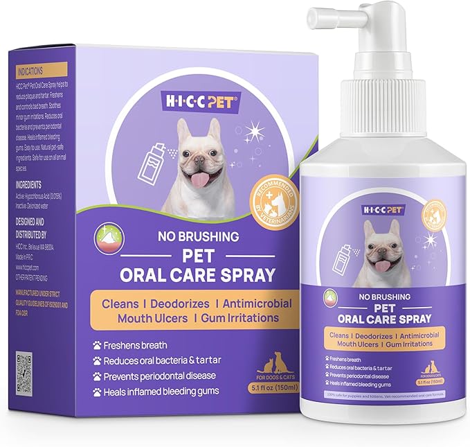 HICC PET Dog Dental Care Spray, Vet-Recommended Dog Breath Freshener, Soothing Bad Breath Caused by Plaque and Red Gums for Dogs & Cats, Dog Gingivitis Treatment and Prevent Oral Infections, 5.1 Fl Oz