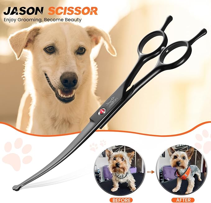 JASON 7.5" Dog Grooming Shear - Professional Up-curved Scissor with Round Tips Japanese Stainless Steel Hair Scissor for Dogs, Cats and Other Pets (Curved with Round Tips, Black)
