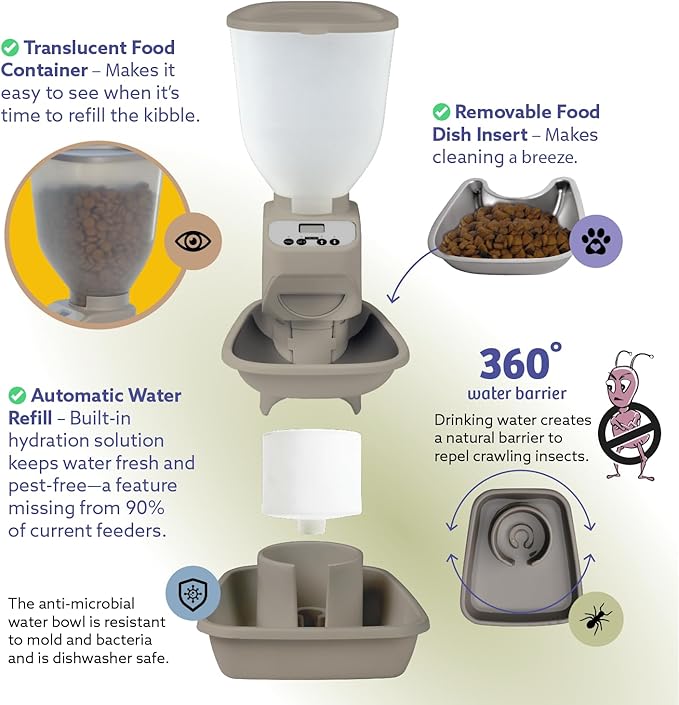 Automatic Dog & Cat Food Feeder with Water Dispenser – Smart Pet Feeder with Portion Control, OLED Display, Anti Jam Design, Battery Operated Dispenser for Medium/Large Pets - Taupe