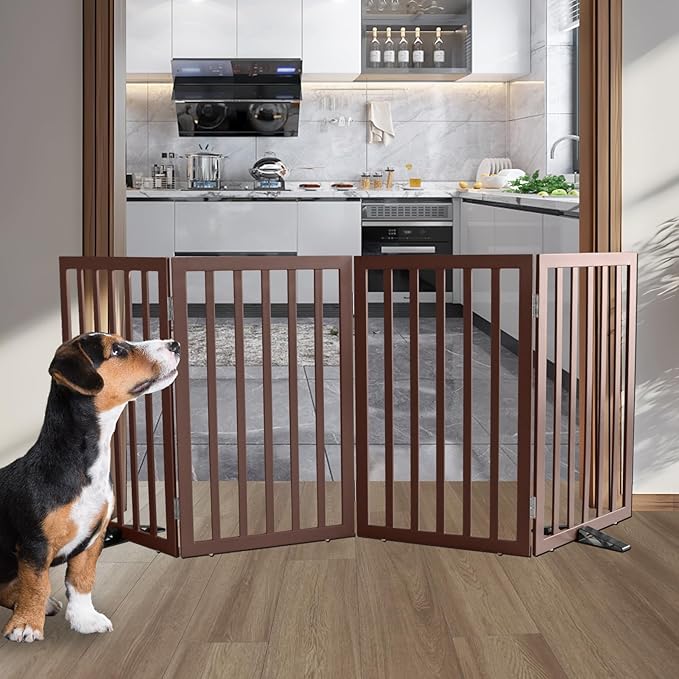 ZJSF Freestanding Indoor Dog Gate for House Foldable Wood Puppy Gate for Doorways Pet Gate for Stairs Extra Wide Pet Fence, Brown, 32" Height 4 Panels