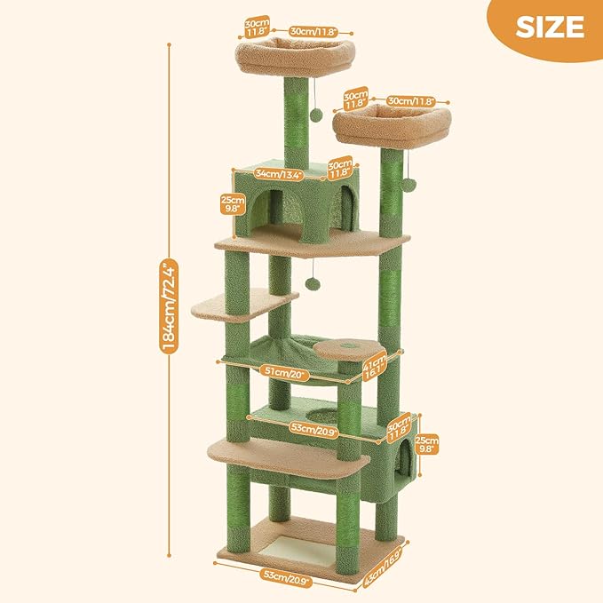 PAWZ Road Large 72 Inches Cat Tree and Tower for Indoor Cats - with Sisal-Covered Scratching Posts, Padded Perches, Condos, and Basket - Green