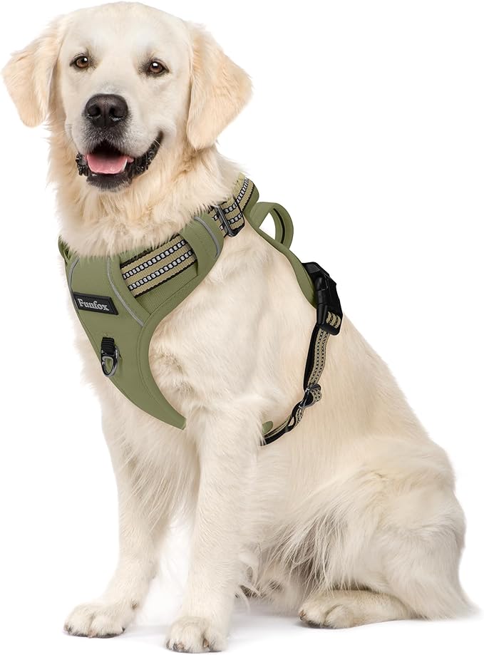 Funfox Dog Harness No Pull, Adjustable Pet Vest Harness, Super Soft Material with Vertical Handle Easy Control, Reflective Night Walking, 2 Leash Clips for XLarge Dogs, Army Green, XL