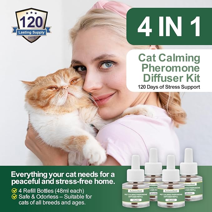 Cat Calming Pheromone Diffuser Refills, 4 Pack 48ml, Helps Relieve Cat Anxiety, Reduce Stress, Aggression, Fighting, Spraying, Scratching, Supports Cats During Vet Visits, Travel, Multi-Cat Homes