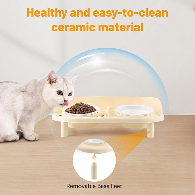 Elevated Cat Bowls, Tilted Rised Cat Food and Water Bowl with 2 Pcs Ceramic Pet Bowls, Rised Stand, Pet Dish Anti Vomiting Feeding Station for All Sized Cats & Small Dogs (Milk Coffee)