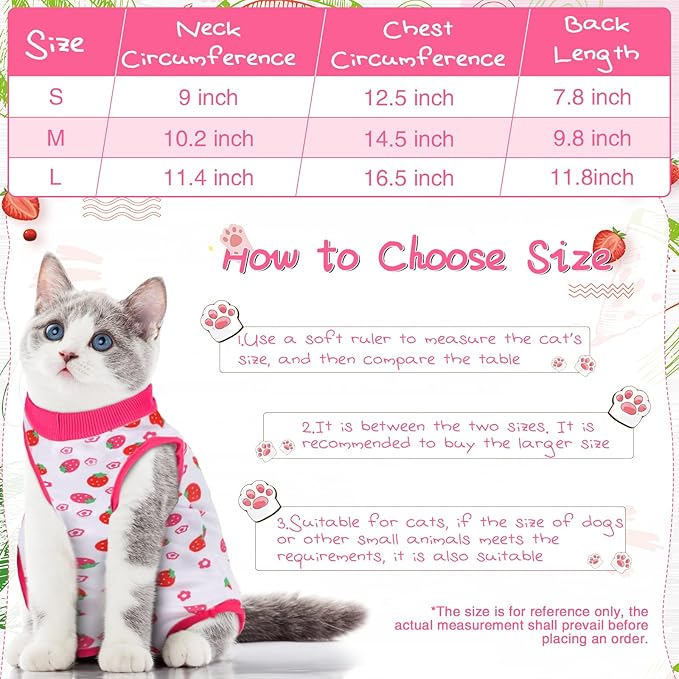 Nuanchu 3 Pieces Cat Recovery Suit Kitten Recovery Suit E-Collar Alternative for Cats and Dogs Abdominal Skin Anti Licking Pajama Clothes Sets(Strawberry Pattern,Medium)