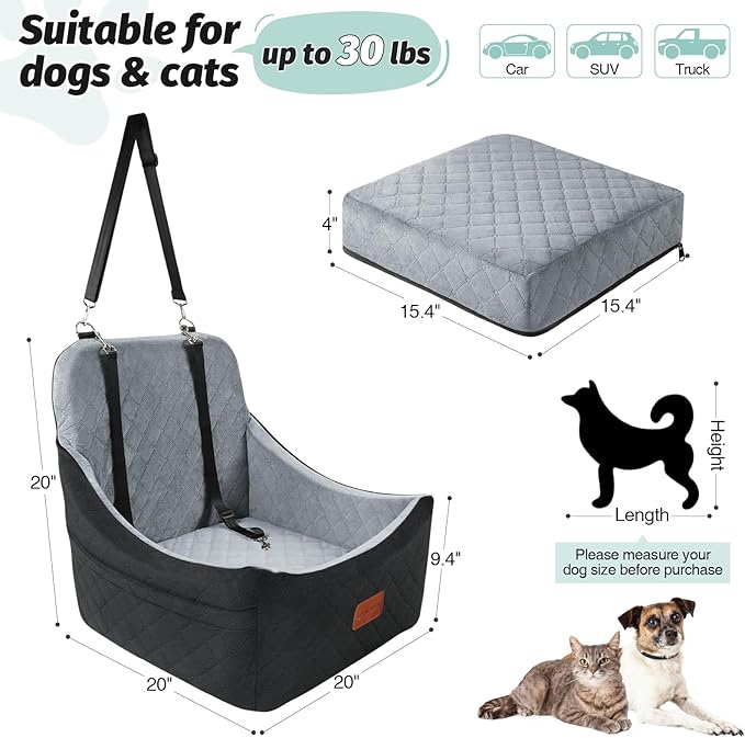 Dog Car Seat for Dogs Up to 35lbs,Fully Detachable and Washable,Memory Foam Covered Soft Fabric,Easy to Install with Adjustable Straps,Anti-Slip Bottom,Two Side Pockets(Black/Grey,Medium)