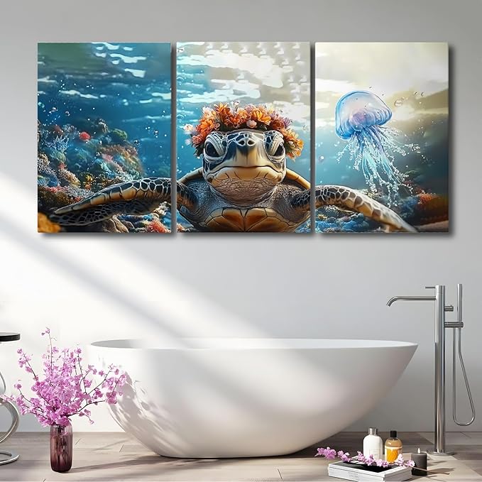 Wivsev Sea Turtle Canvas Wall Art,Under Sea Wall Art,Sea Life Pictures Wall Decor,Ocean Animal Painting for Bathroom,Living Room,Bedroom (12" x 18" x 3 pcs)