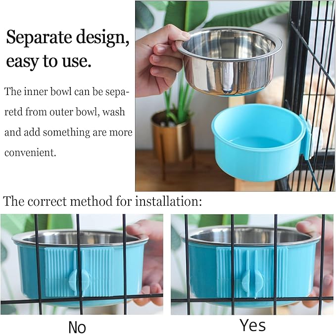 kathson Crate Dog Bowl, Removable Stainless Steel Hanging Pet Cage Bowl Food & Water Feeder Coop Cup for Cat, Puppy, Birds, Rats, Guinea Pigs 6pcs(2×Blue,2×Green,2×Pink)
