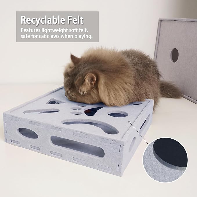 PETKARAY Felt Cat Puzzle Toy, Interactive Cat Toys for Indoor Cats, Interactive Maze for Kitten Felt Puzzle Box with Ball, Grey
