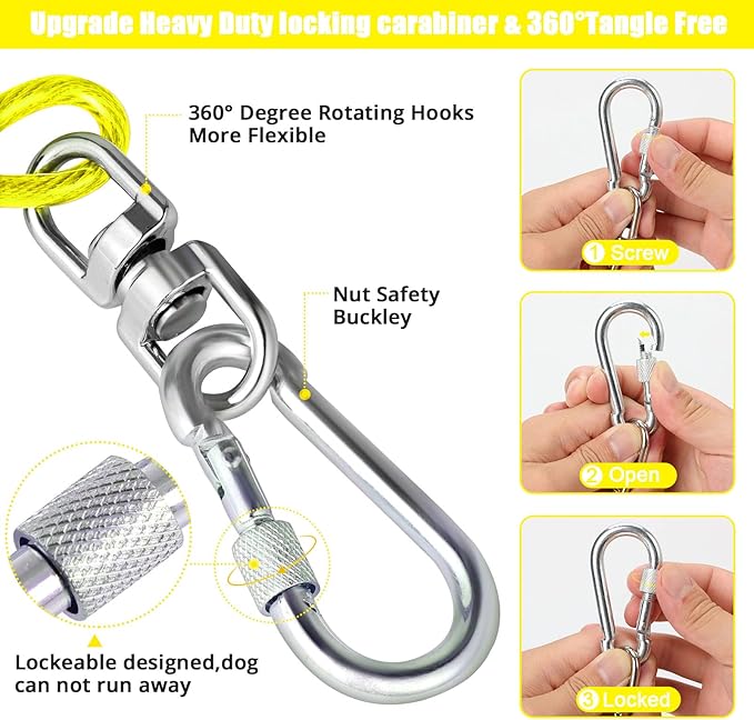 Jenico Dog Tie Out Cable, 10/15/20/30/40/50/70/100/150FT Runner Cable with Swivel Hook and Shock Spring, Yard and Camping Dog Leash Run Tether, Up to 500 LBS
