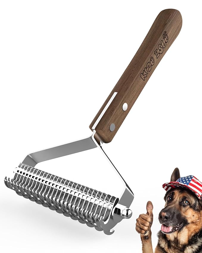 Extra Large 2-Sided Undercoat Rake for Dogs & Cats, Dog Brush for Shedding Remove Mats, Dematting Comb, Safe & Gentle Grooming Brush for German Shepherds Medium to Long-Haired Pets (Walnut Handle)