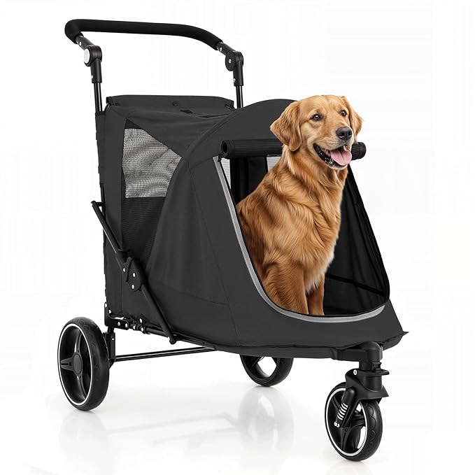 Magshion Pet Stroller for Medium Dogs w/Adjustable Handle, 3-Wheel Dog Cat Wagon w/Dual Entry, Rear Storage, Breathable Mesh, One-Foot Brake, Ideal for Large Pets up to 55 lbs, Black