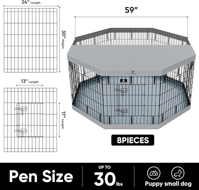 PJYuCien Dog Playpen, 8 Panels 30”H Dog Playpen Indoor with Grey Bottom Pad and Top Cover, Metal Foldable Dog Pen for Indoor Use, Better for Small Medium Animals, Grey